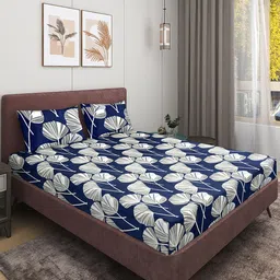 ROMEE Blue & Grey Floral 186 TC Queen Bedsheet with 2 Pillow Covers image 5