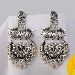 Fida White Silver Plated Peacock Shaped Chandbalis Earrings image 3