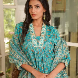 KALINI Women Floral Printed Thread Work Kurta with Trousers & Dupatta image 3