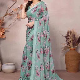 Peachmode Floral Printed Satin Saree With Unstitched Blouse Piece image 5