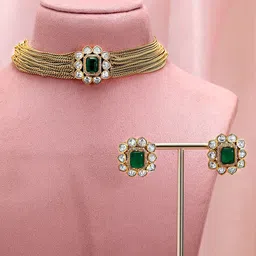 Rubans 24K Gold-Plated Emerald Green & Kundan Studded Choker Set with Floral Stud Earrings image 2