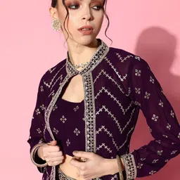 Kvsfab Women Purple Ethnic Motifs Embroidered Top With Skirt & With Jacket image 3