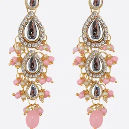 LUCKY JEWELLERY Gold-Plated Kundan-Studded Leaf Shaped Drop Earrings image 3
