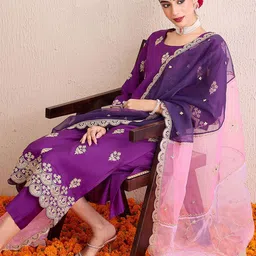 Indo Era Women Ethnic Motifs Embroidered Regular Kurta with Trousers & With Dupatta image 3