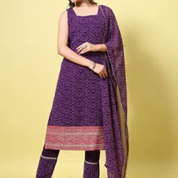 Sangria Purple Bandhani Printed Square Neck Georgette Kurta With Trousers & Dupatta image 4