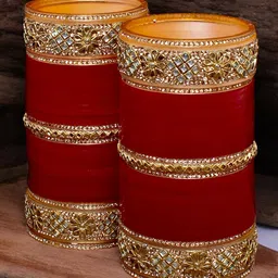 LUCKY JEWELLERY Gold-Toned & Maroon Kundan & CZ Stone-Studded Punjabi Chuda Bangle Set image 5