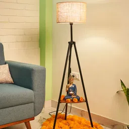 Crosscut Beige & Black Metal Cylinder Shaped Floor Lamp With Shelves image 4