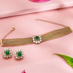 Rubans 24K Gold-Plated Emerald Green & Kundan Studded Choker Set with Floral Stud Earrings image 5