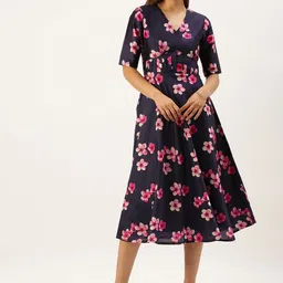 Ethnovog Women Navy BluePink Floral Printed A-Line Midi Dress-picture-17