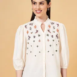 Honey by Pantaloons Floral Embroidered Mandarin Collar Puff Sleeve Cotton Shirt Style Top-image-49