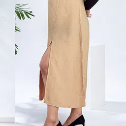 Globus Women Beige Mid-Rise Self Design Bohemian Front Slit Plus Size A-Line Midi Skirt image 5