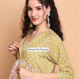 Secret Wish Yellow Floral Cotton Lurex Maternity Kurta with Trouser image 2