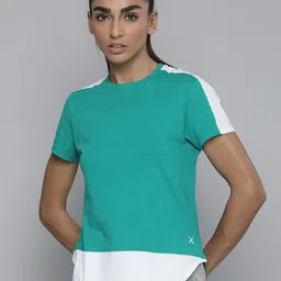 HRX by Hrithik Roshan Women Blue & White Pure Cotton Colourblocked T-shirt image 3