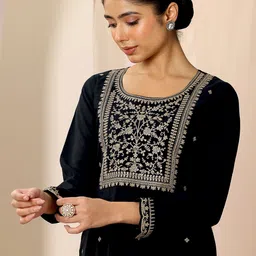 Gerua By Libas Floral Embroidered Round Neck Kurta With Trousers And Dupatta image 4