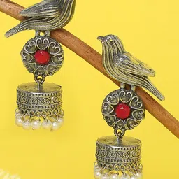OOMPH Silver-Plated Red & White Stone & Pearls Ethnic Jhumkas Earrings-picture-18
