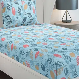 Monte Carlo Blue & Pink Floral Cotton 104 TC Single Bedsheet Set-2.24 m x 1.52 m image 4