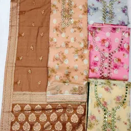 NEGRONI Floral Woven Design Mirror Work Unstitched Dress Material image 4