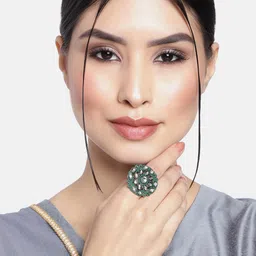 I Jewels Green & Silver-Toned Rhodium Plated Oxidised Kundan Handcrafted Finger Ring-picture-27
