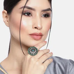 I Jewels Green & Silver-Toned Oxidised Rhodium Plated Kundan Meenakari Finger Ring-picture-12