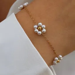 JEWILLEY Stainless Steel Gold-Plated Artificial Beaded Link Bracelet image 4
