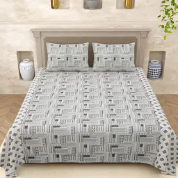 Varde Beige & Black Ethnic Motifs 210 TC Queen Bedsheet with 2 Pillow Covers-image-42