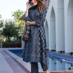 KALINI Floral Printed Round Neck Pure Cotton Anarkali Kurta with Trousers & Dupatta image 3