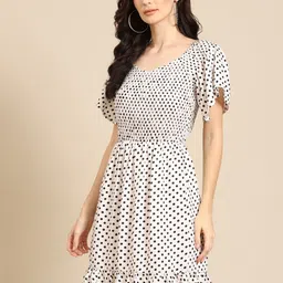 DODO & MOA White & Black Polka Dot Print Smocked A-Line Dress image 3