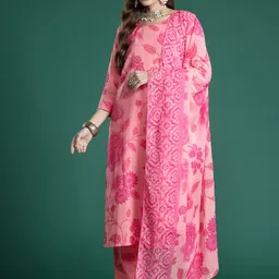 Indo Era Floral Printed Pure Cotton Kurta with Trousers & With Dupatta image 3