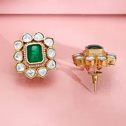 Rubans 24K Gold-Plated Emerald Green & Kundan Studded Choker Set with Floral Stud Earrings image 3
