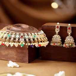 Rubans Gold-Plated Multi Color CZ Studded pearl beaded Handcrafted Jewellery Set-image-0