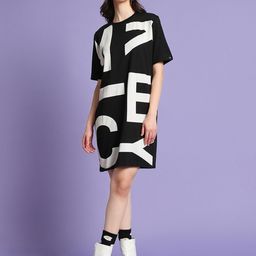 Bewakoof Black Mickey Typography Printed Short Sleeves Pure Cotton Oversized T-shirt Dress-picture-22