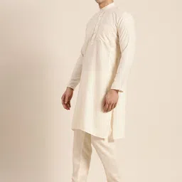 SOJANYA Men Cream-Coloured & Blue Solid Kurta with Churidar & Nehru Jacket image 5