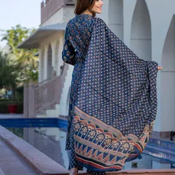 KALINI Floral Printed Round Neck Pure Cotton Anarkali Kurta with Trousers & Dupatta image 4