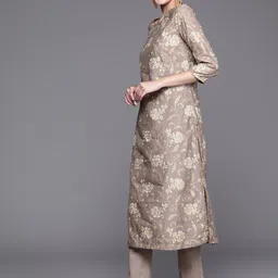 Biba Women Brown & Golden Pure Cotton Ethnic Motifs Printed Kurta & Trousers With Dupatta image 5