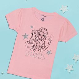 YK Disney Girls Pink Elsa & Anna Printed Puff Sleeves Cotton T-shirt-picture-38