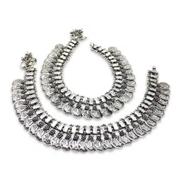 Digital Dress Room Set of 2 Oxidised German Silver Coin Design Anklets With Silver-Plating image 5