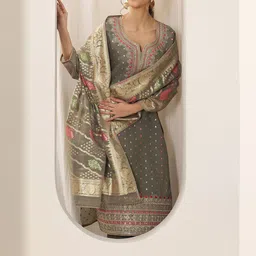 Libas Floral Woven Design Notch Neck Chanderi Silk Straight Kurta With Trouser & Dupatta image 3