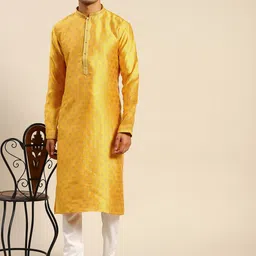 RAJUBHAI HARGOVINDAS Men Gold-Toned Ethnic Motifs Kurta With Pyjamas image 4