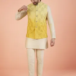 KISAH Men Ombre Embroidered Sequinned Mid Kurta Jacket with Trouser image 3