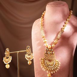 Rubans Gold-Plated White & Green Stone-Studded & Pearl Beaded Handcrafted Jewellery Set-picture-11