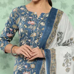 Yufta Ethnic Motifs Printed Gotta Patti Detail Cotton Kurta with Trousers & Dupatta image 3