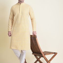 TABARD Men Yellow & White Geometric Chikankari Thread Work Cotton Kurta-picture-31