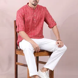 FILORI STUDIO Men Striped Mandarin Collar Thread Work Kurta image 3