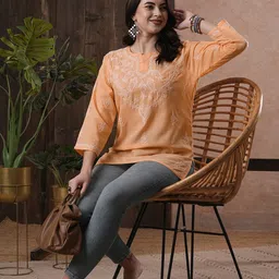ADA Women Peach-Coloured & White Chikankari Hand Embroidered Pure Cotton Semi-Sheer Straight Sustainable Handloom Kurti-picture-1