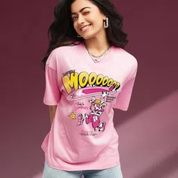 Bewakoof Pink Pink Sunny Moooood Printed Oversized Cotton T-shirt-picture-20