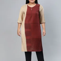 W Women Rust Red And Beige Color Blocked Keyhole Neck Kurta image 3