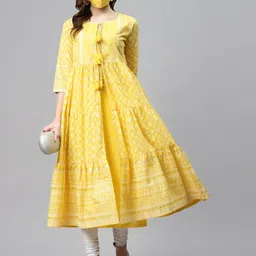 Biba Women Mustard Yellow & White Pure Cotton Printed A-Line Kurta With Ethnic Jacket image 2
