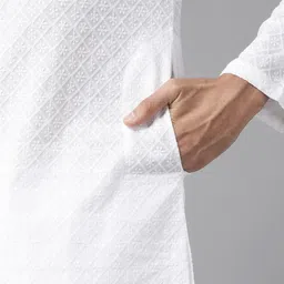 See Designs Men White Ethnic Motifs Embroidered Chikankari Pure Cotton Kurta with Pyjamas image 2