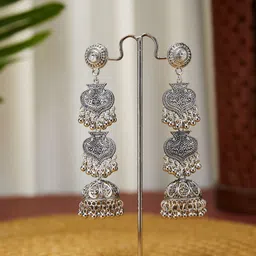 ATIBELLE German Silver Plated & Floral Textured-Layered Dome Shaped Jhumkas image 1