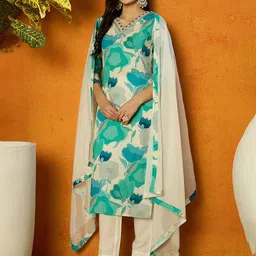 AHIKA White Floral Printed Gotta Patti Kurta With Trousers & Dupatta-image-17